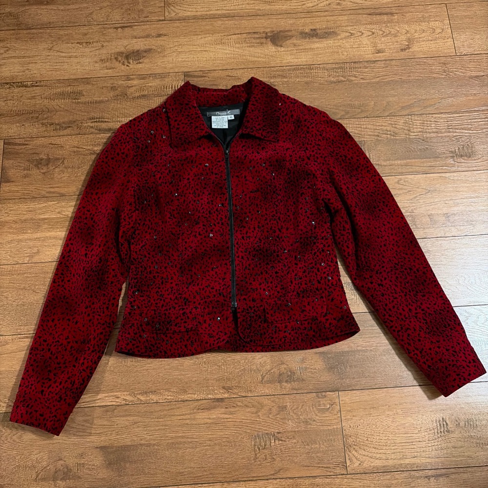 Maggy L Womens Leopard Print Zip Jacket Red 10/M Sequin Blazer